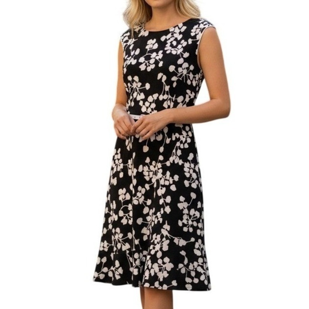 London Times Fit & Flare Dress Womens 14W Black Floral Belted Sleeveless Midi